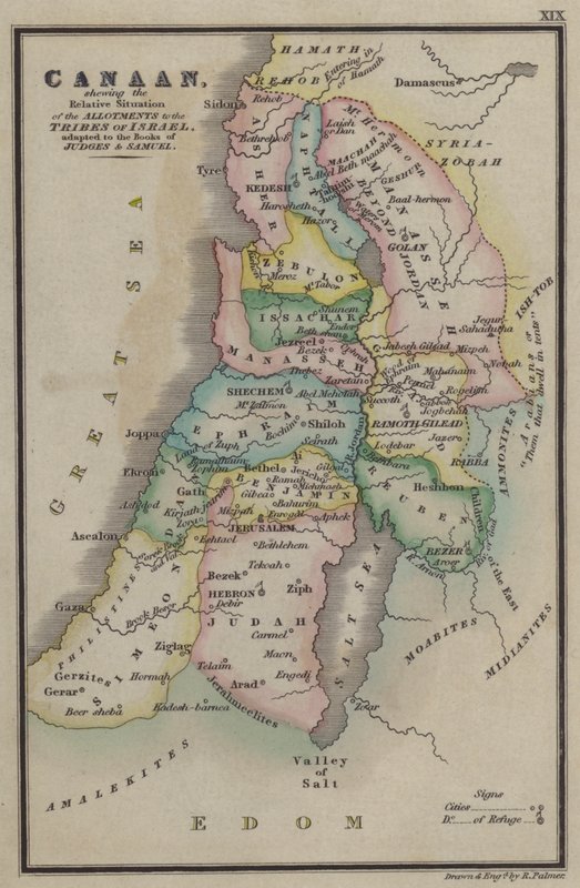 Kanaän, met de relatieve ligging van de toewijzingen aan de stammen van Israël, aangepast aan de boeken van Rechters en Samuel door English School