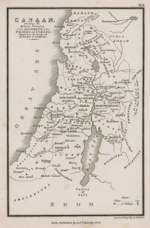 Kanaän, met de relatieve ligging van de toewijzingen aan de stammen van Israël, aangepast aan de boeken van Rechters & Samuel door English School