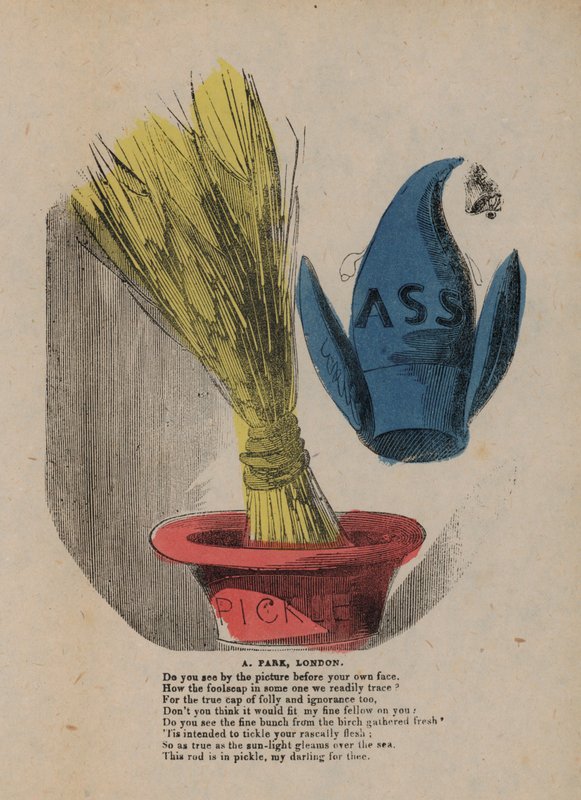 Dwaasheidskap en berk in een augurkenkom (gekleurde gravure) door English School