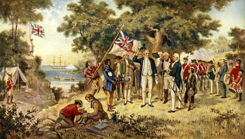 Kapitein Cook neemt bezit van Nieuw-Zuid-Wales, 1770 door English School