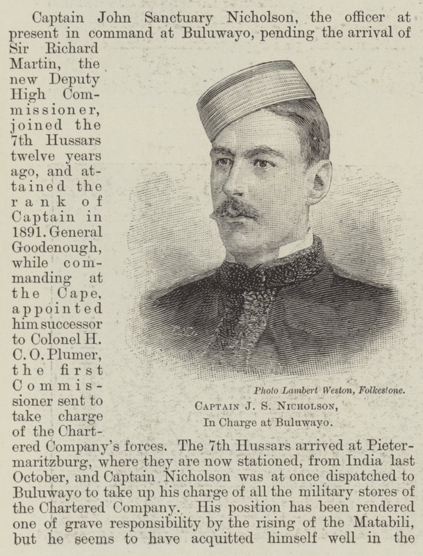 Kapitein J S Nicholson, verantwoordelijk in Buluwayo (gravure) door English School