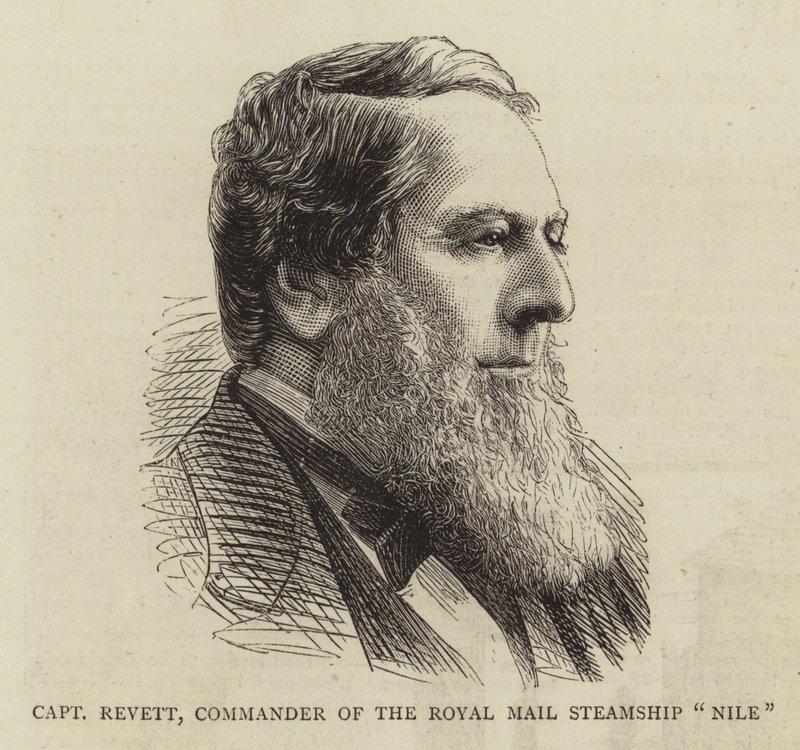 Kapitein Revett, commandant van het Royal Mail stoomschip "Nile" (gravure) door English School