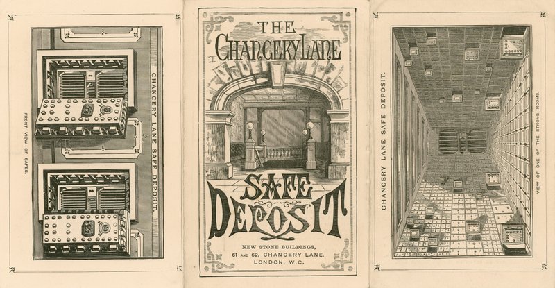 Kaart die de Chancery Lane Safe Deposit adverteert, 61-62 Chancery Lane, Londen door English School