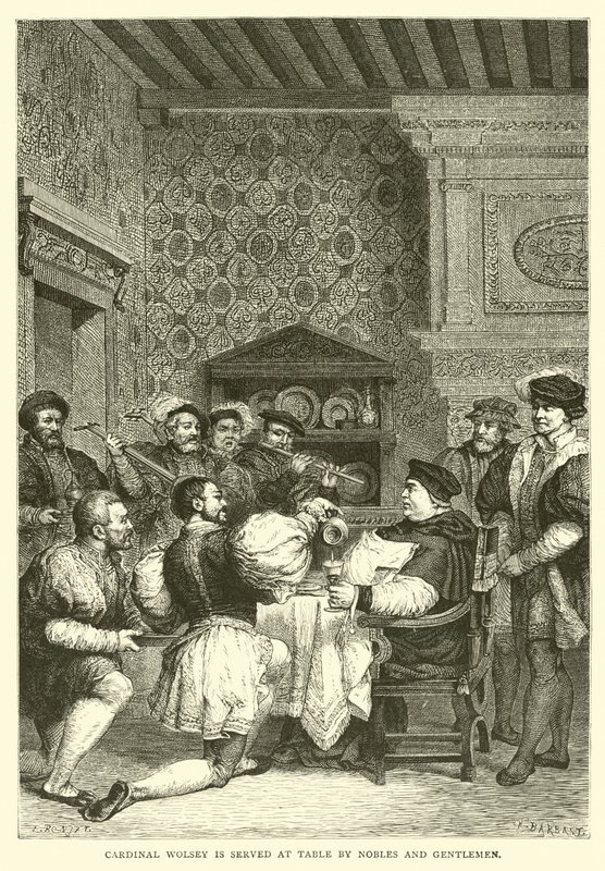 Kardinaal Wolsey wordt bediend aan tafel door edelen en heren door English School