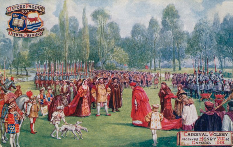 Kardinaal Wolsey ontvangt Hendrik VIII in Oxford, 1518 door English School
