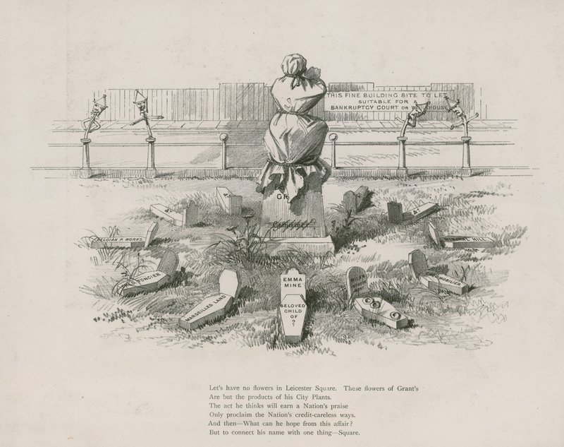 Cartoon, satire op Albert Grant, de graven die zijn schimmige speculaties vertegenwoordigen door English School