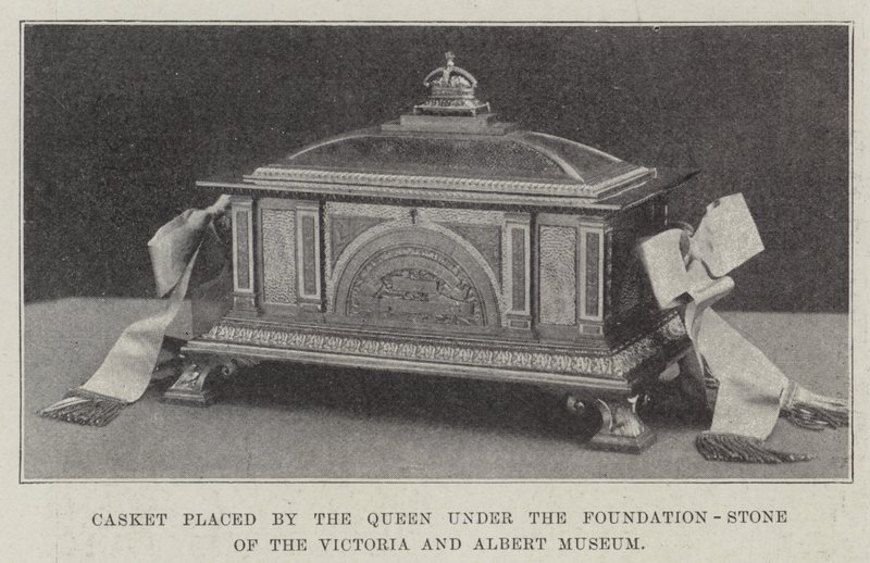 Kistje geplaatst door de koningin onder de eerste steen van het Victoria en Albert Museum (gravure) door English School