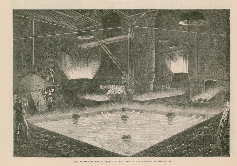 Gieten van een van de platen voor de grote stoomhamer in Woolwich door English School