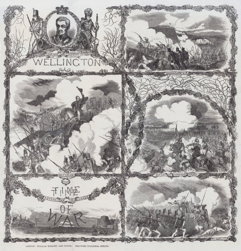 Viering van de overwinningen van de hertog van Wellington bij het Beleg van Seringapatam (1799), nederlaag van Dhondia Wagh (1800), Slag bij Assaye (1803), en de Slag bij Waterloo (1815) door English School