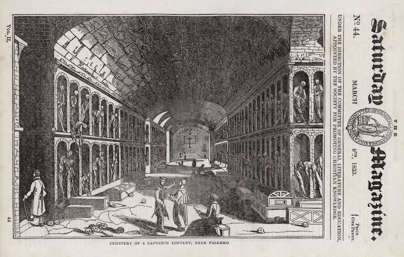 Begraafplaats, Kapucijnenklooster, nabij Palermo, Sicilië, Italië (gravure) door English School