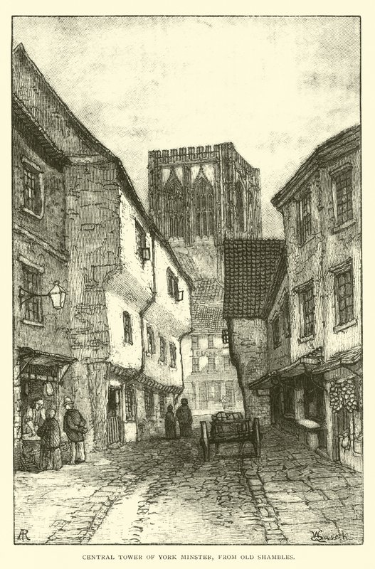Centrale Toren van York Minster, vanaf Old Shambles door English School