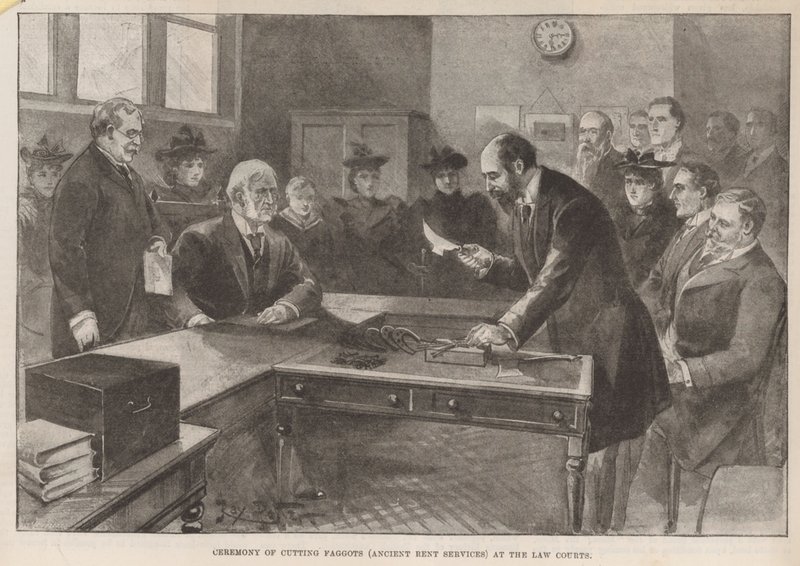 Ceremonie van het snijden van takkenbossen (oude huurdiensten) bij de Rechtbanken door English School