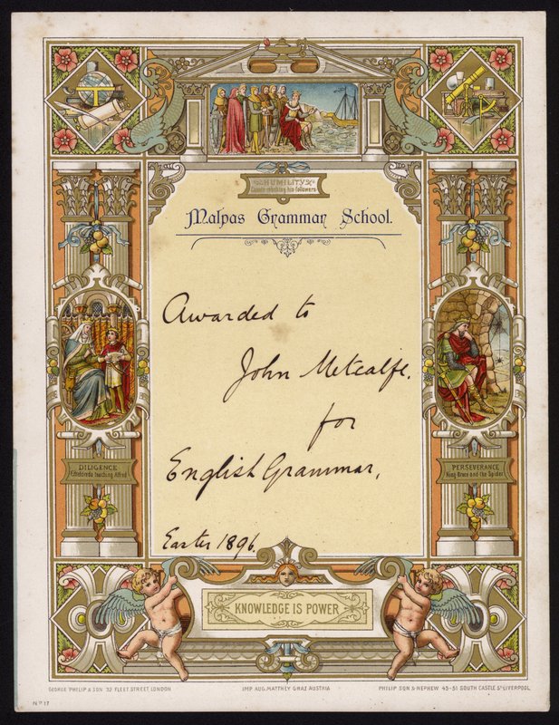 Certificaat voor Engelse grammatica toegekend aan een leerling van Malpas Grammar School, Cheshire door English School