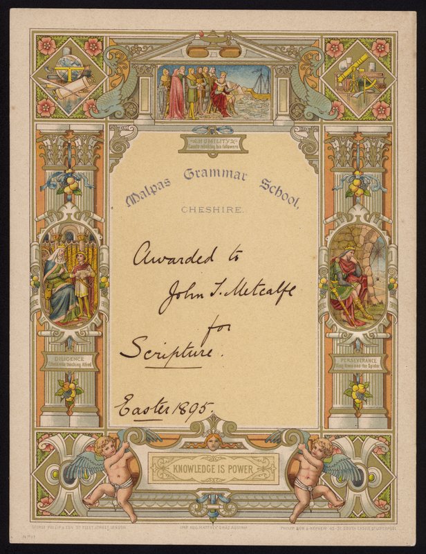 Certificaat voor schrift toegekend aan een leerling van Malpas Grammar School, Cheshire door English School