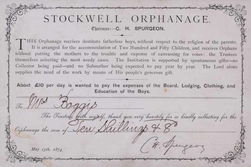 Certificaat van dank voor een donatie aan het Stockwell Weeshuis, Londen, 1874 door English School