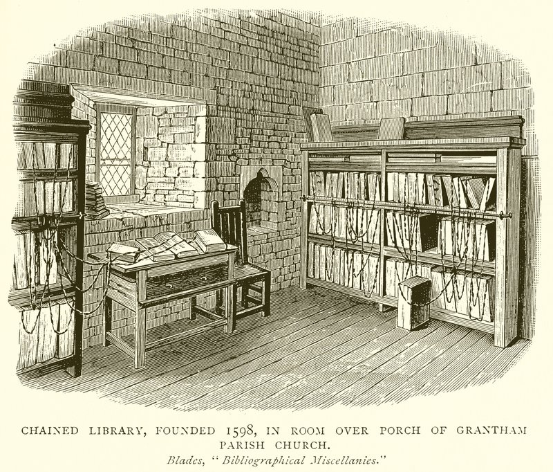 Geketende Bibliotheek, opgericht in 1598, in Kamer boven Portiek van Grantham Parochiekerk door English School