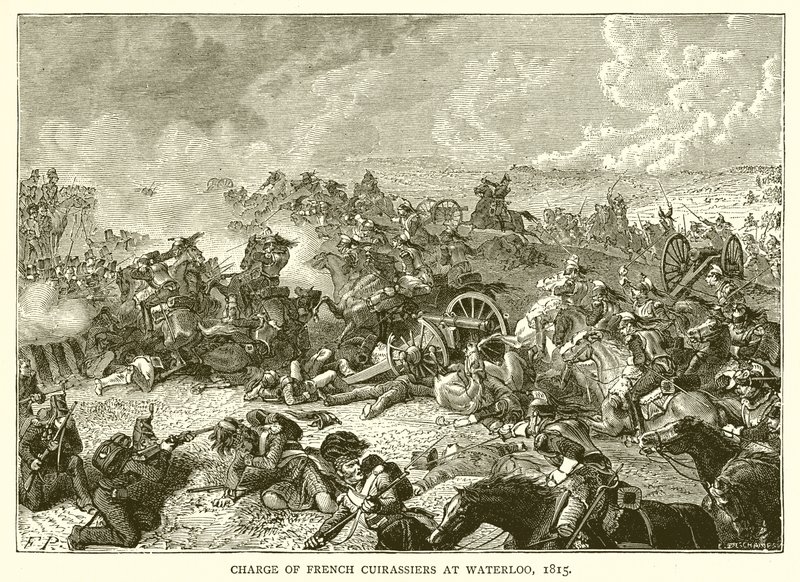 Aanval van Franse cuirassiers bij Waterloo, 1815 door English School