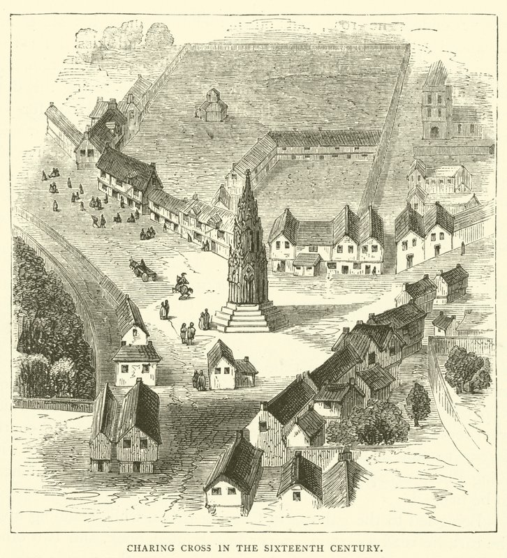 Charing Cross in de zestiende eeuw (gravure) door English School