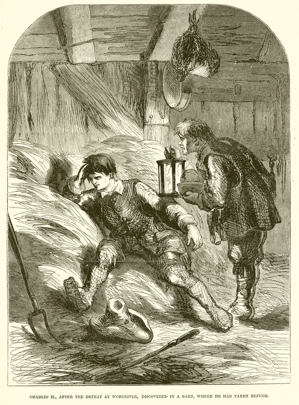 Karel II, na de nederlaag bij Worcester, ontdekt in een schuur waar hij onderdak had gezocht door English School