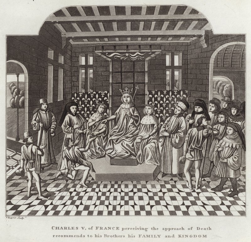 Karel V van Frankrijk, die de Nadering van de Dood beseft, beveelt zijn Broers zijn Familie en Koninkrijk aan door English School