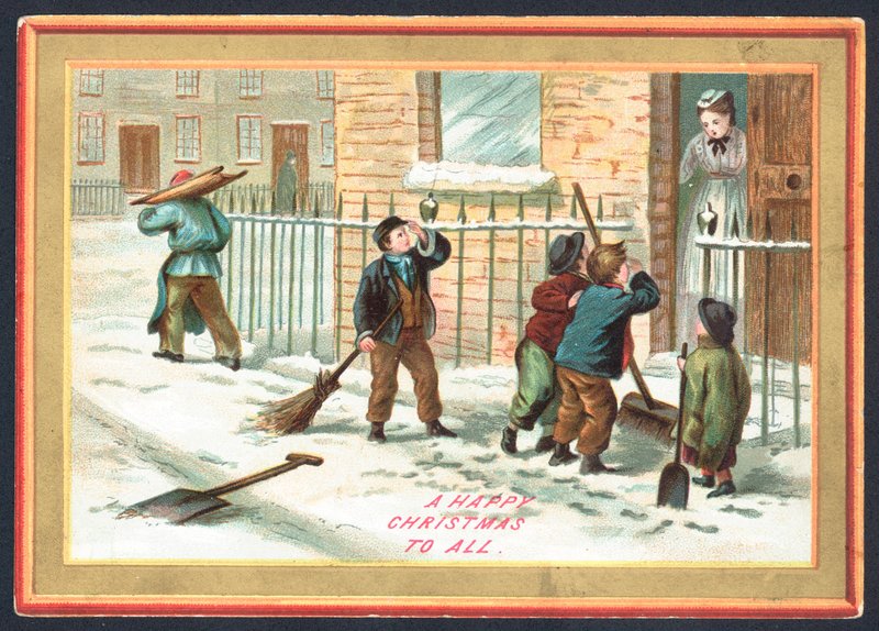 Kinderen ruimen sneeuw en kloppen op deuren! Kerstkaart door English School