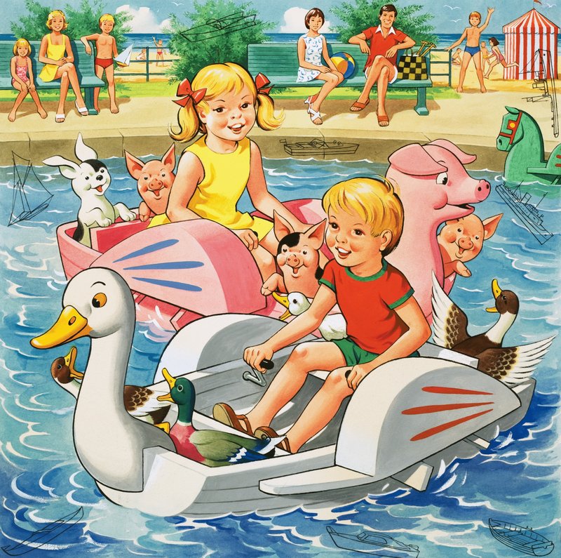 Kinderen op waterfietsen (met verborgen objecten) door English School