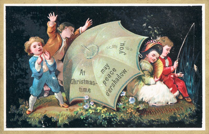 Kinderen spelen en vissen, Kerstkaart door English School
