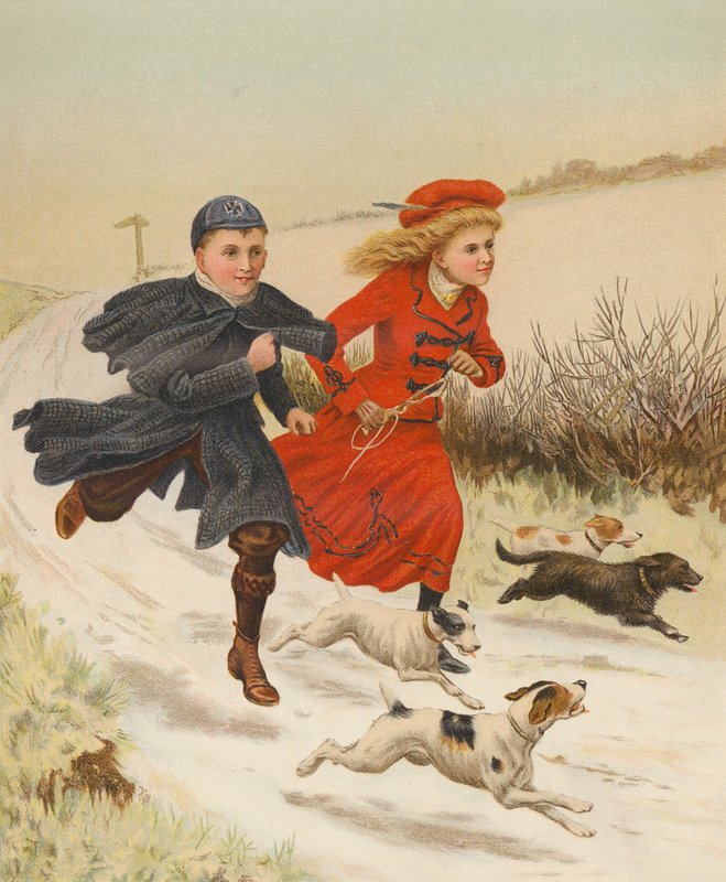 Kinderen rennen met honden langs een besneeuwde weg door English School