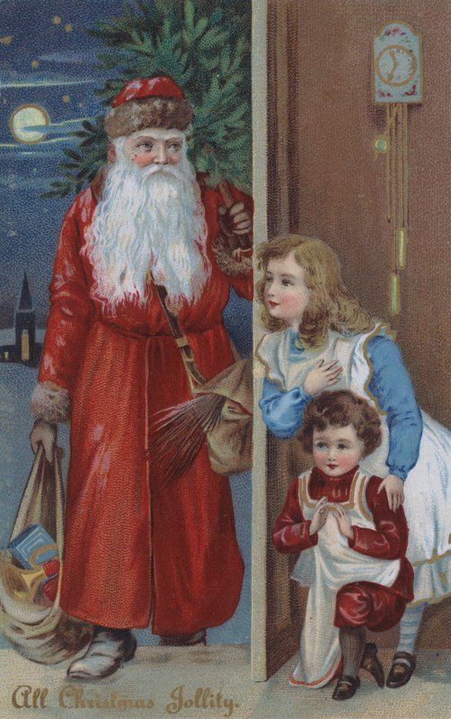 Kinderen die wachten op de Kerstman, kerstkaart (chromolitho) door English School