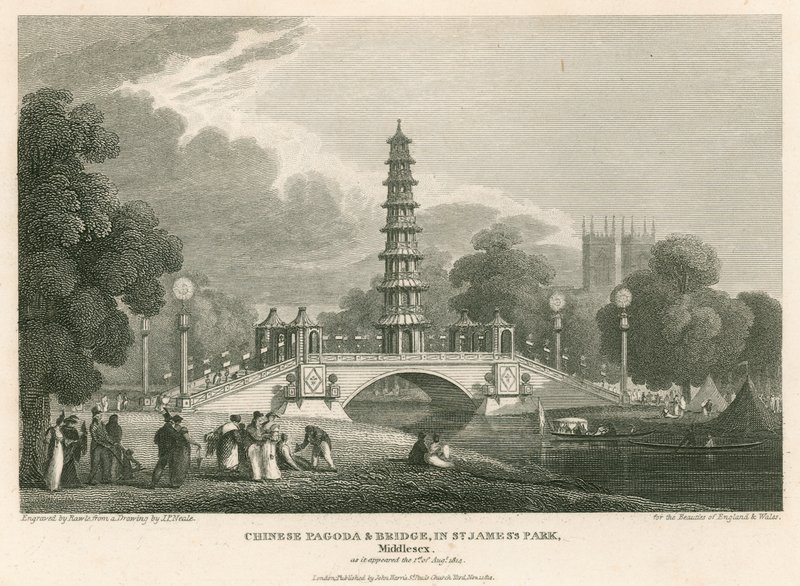 Chinese pagode en brug, St Jamess Park, Londen, zoals het verscheen op 1 augustus 1814 door English School
