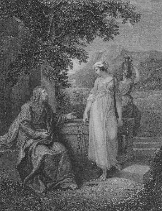 Christus en de vrouw van Samaria, Johannes 4, vers 5-27 (gravure) door English School
