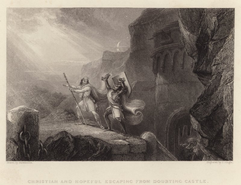 Christen en Hoopvol ontsnappen uit Kasteel Twijfel (gravure) door English School