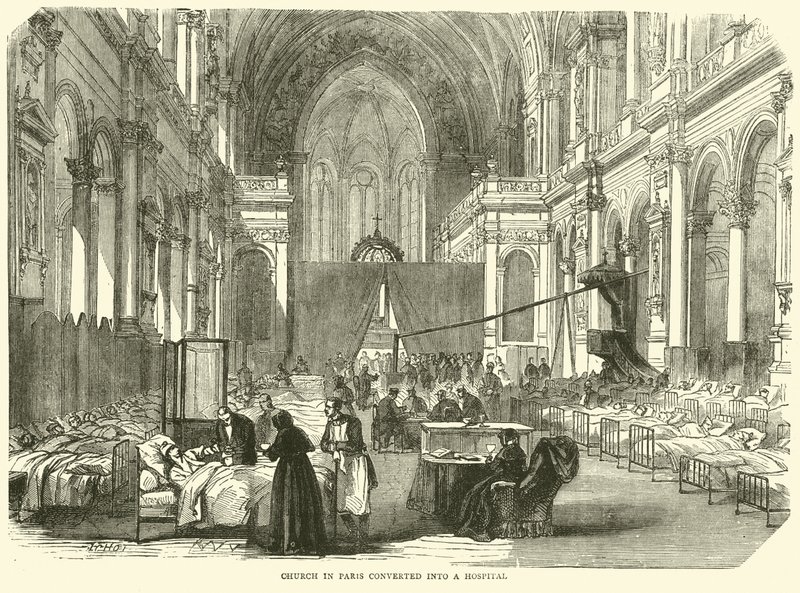 Kerk in Parijs omgebouwd tot ziekenhuis, november 1870 door English School