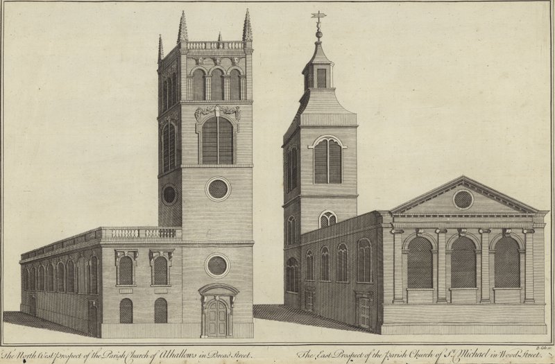 Kerk van Allhallows in Bread Street en kerk van St Michael in Wood Street, Londen door English School