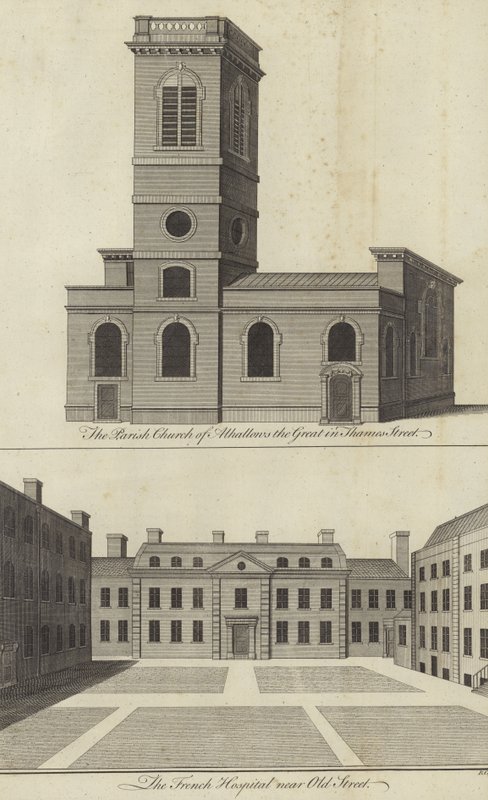 Kerk van Allhallows the Great, Thames Street en het Franse ziekenhuis nabij Old Street, Londen door English School