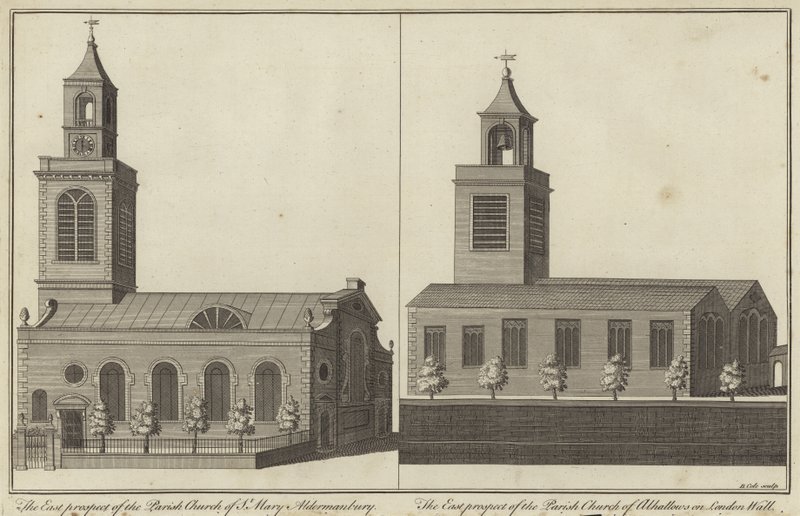 Kerk van St Mary, Aldermanbury en kerk van Allhallows on London Wall, Londen door English School