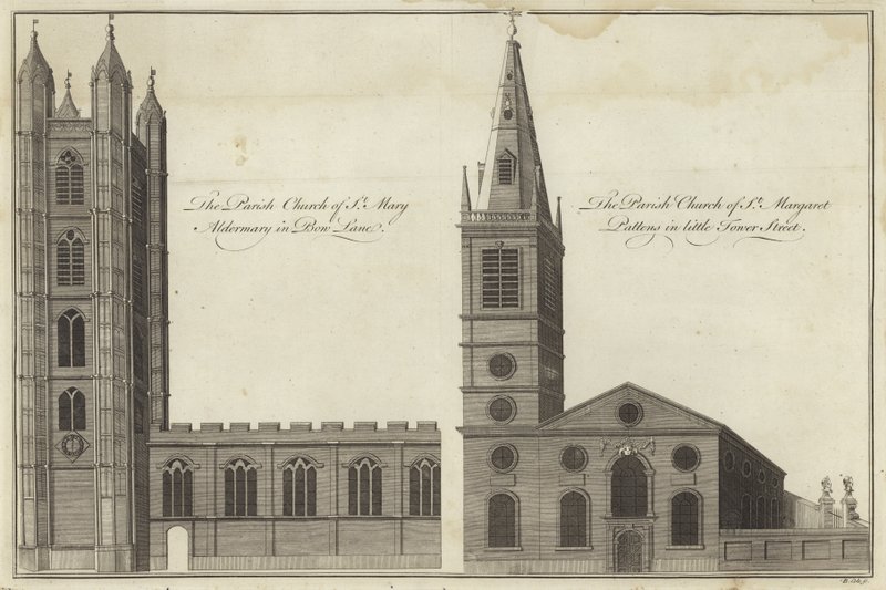 Kerk van St Mary Aldermary in Bow Lane en kerk van St Margaret Pattens in Little Tower Street, Londen door English School