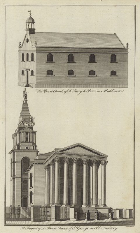 Kerk van St. Marylebone in Middlesex en kerk van St. George in Bloomsbury, Londen door English School