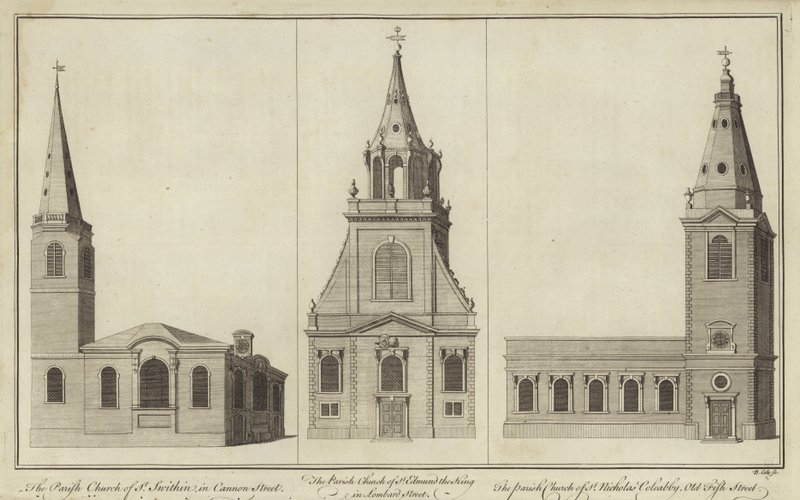 Kerken van St Swithin, Cannon Street, St Edmund the King, Lombard Street en St Nicholas Cole Abbey, Old Fish Street door English School