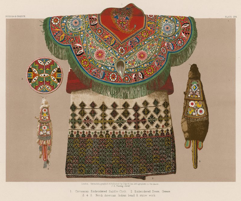 Circassisch Geborduurd Zadeldoek; Geborduurde Jurk, Griekenland; Noord-Amerikaanse Indiaanse Kraal- en Stro Werk door English School