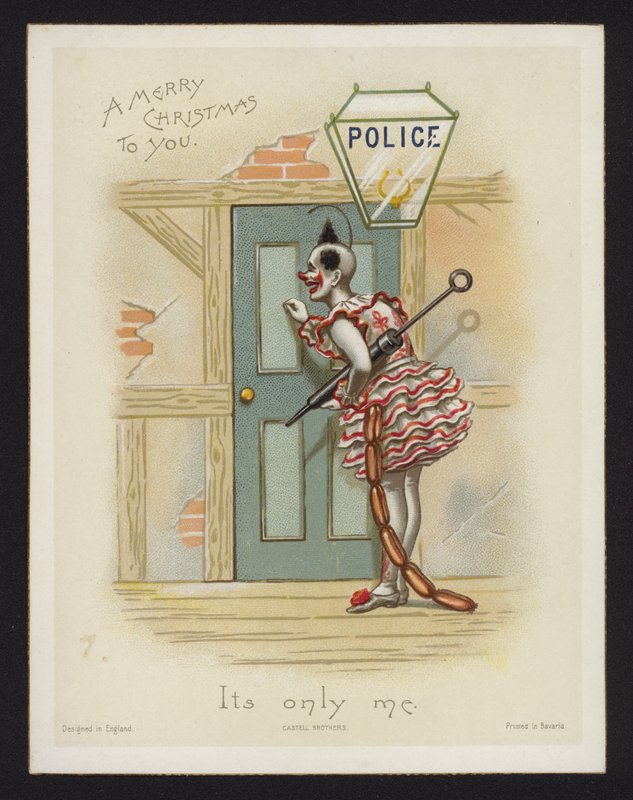 Clown die op de deur van een politiebureau klopt door English School