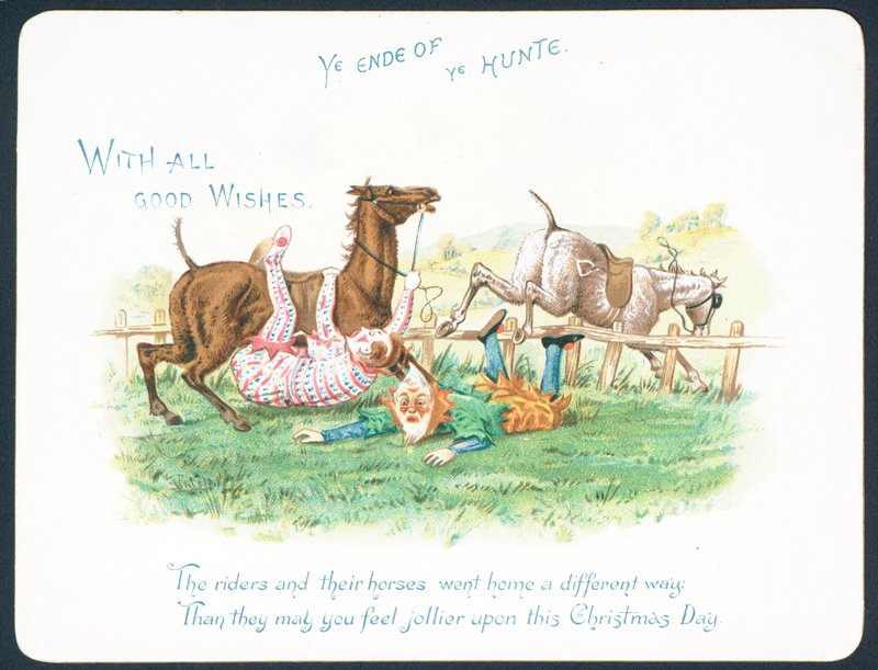 Clowns die van hun paarden vallen tijdens de jacht, Kerstkaart door English School