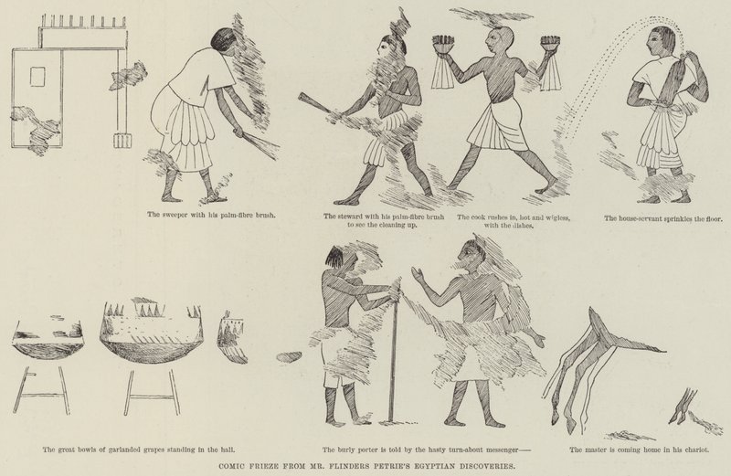 Komische fries van de Egyptische ontdekkingen van de heer Flinders Petrie door English School