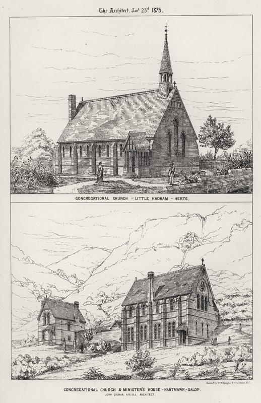Congregational Church, Little Hadham, Herts; Congregational Church en Pastorie, Nantmawr, Salop door English School