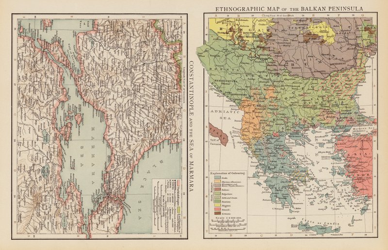 Constantinopel en de Zee van Marmara; Etnografische kaart van het Balkanschiereiland door English School