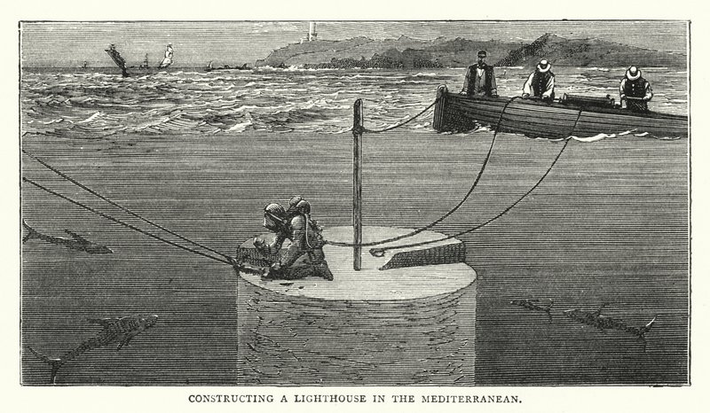 Bouw van een vuurtoren in de Middellandse Zee (gekleurde gravure) door English School