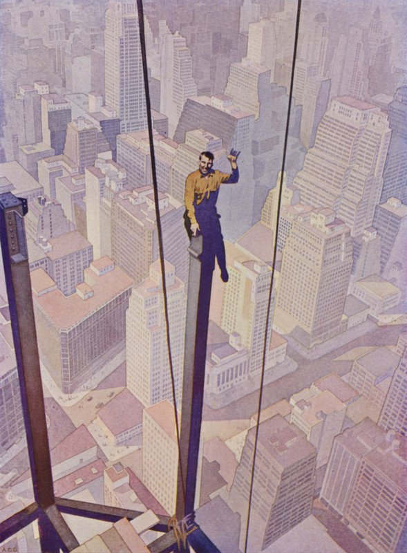 Bouwvakker op het stalen frame van een wolkenkrabber hoog boven de straten van New York City, New York, VS (kleur litho) door English School
