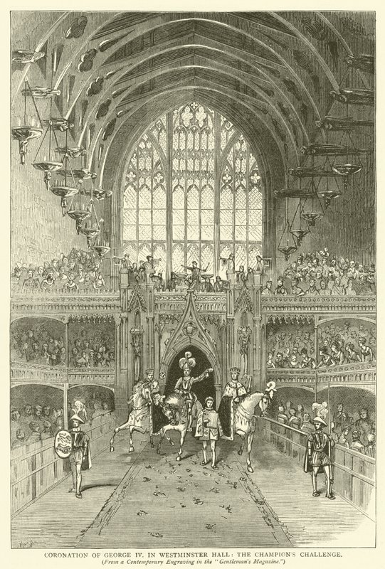 Kroning van George IV in Westminster Hall, de uitdaging van de kampioen, naar een eigentijdse gravure in het "Gentleman