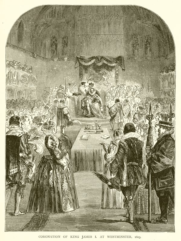 Kroning van Koning Jacobus I in Westminster, 1603 door English School