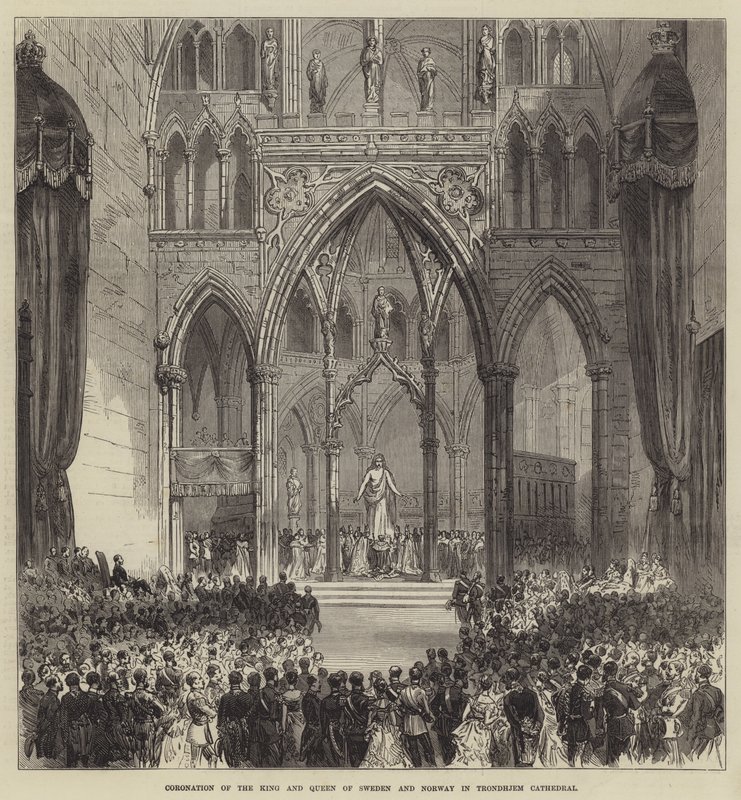 Kroning van de koning en koningin van Zweden en Noorwegen in de kathedraal van Trondhjem door English School